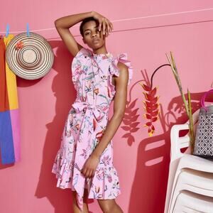 Banjanan BulBul Pink Floral tropical Ruffle mini Dress
